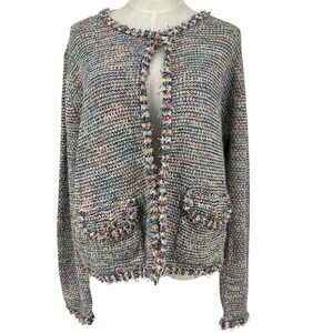 SIONI XL Multicolor Knit Cardigan Sweater‎ Fringe Trim Pockets